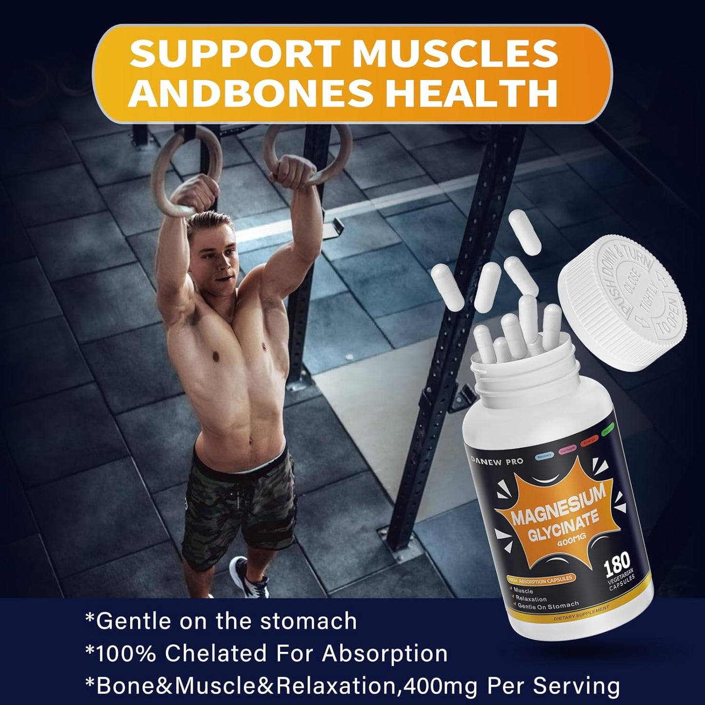 High Absorption DANEW Pro Magnesium Glycinate 400 MG, Gentle On Stomach, Non-GMO, 180 Vegetarian Capsules.