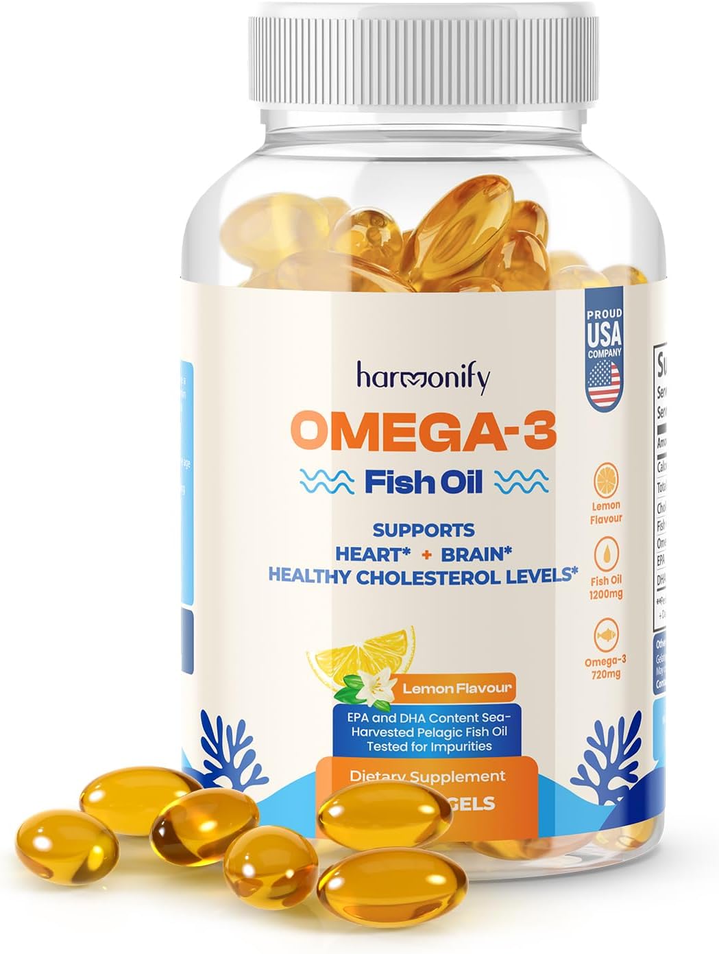 High Absorption Fish Oil Omega 3 Softgels with DHA & EPA, Lemon Flavor, Non-GMO - Made in USA