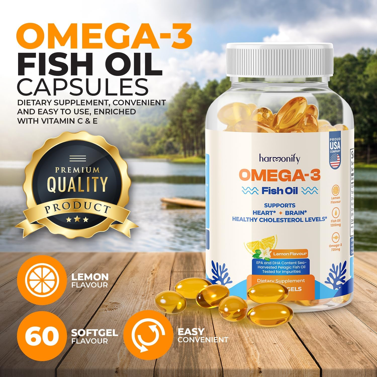 High Absorption Fish Oil Omega 3 Softgels with DHA & EPA, Lemon Flavor, Non-GMO - Made in USA