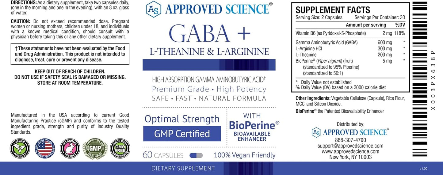 High Absorption GABA+ Supplement for Calm, Sleep, and Mood - With L-Theanine, L-Arginine, Vitamin B6, BioPerine - Vegan - 60 Capsules
