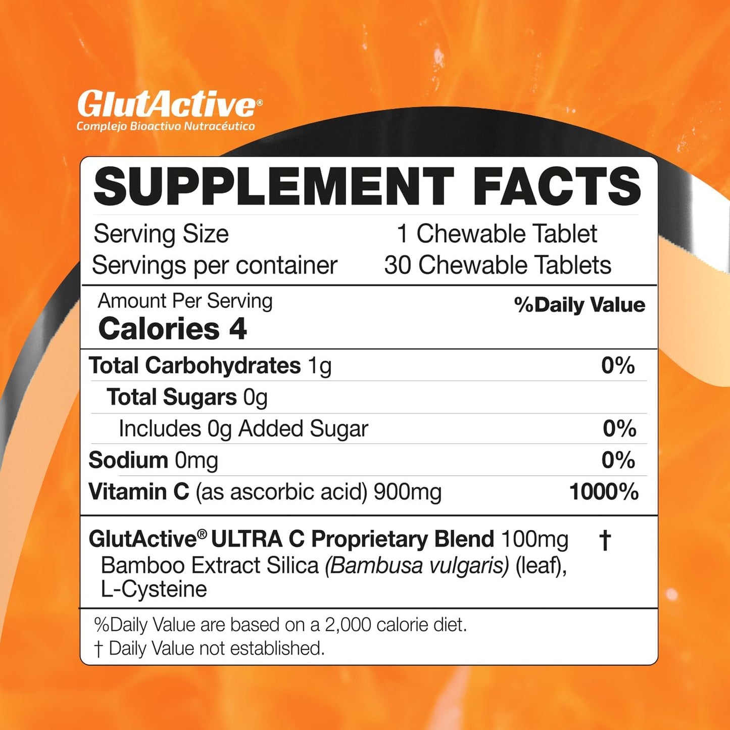 High Absorption GlutActive Ultra VIT-C 1,000mg Chewable Tablets - Immune Support & Collagen Builder - Antioxidant - 30 Tablets