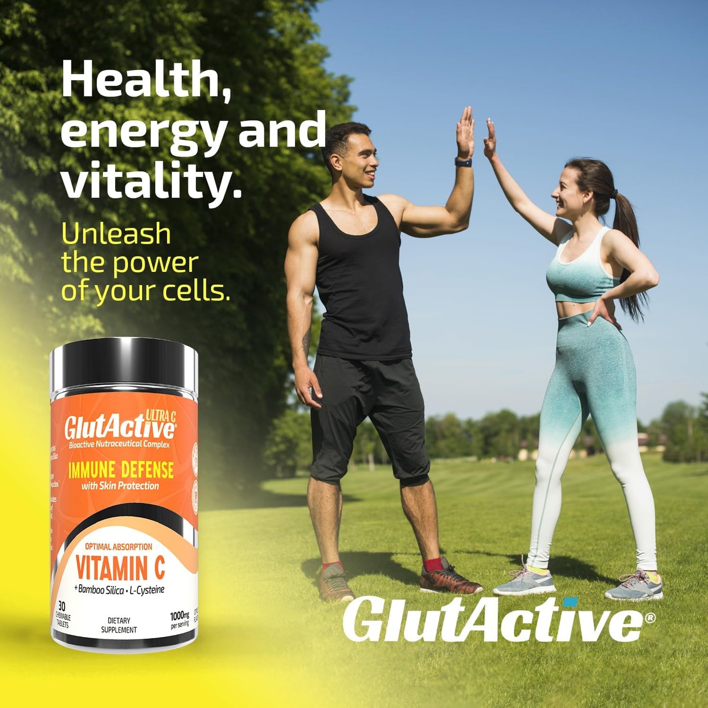 High Absorption GlutActive Ultra VIT-C 1,000mg Chewable Tablets - Immune Support & Collagen Builder - Antioxidant - 30 Tablets