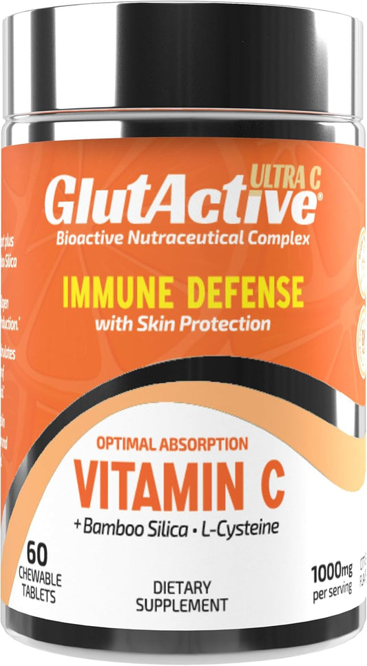 High Absorption GlutActive Ultra Vitamin C 1,000mg Chewable Tablets for Immune Support & Collagen Building with Cysteine & Bamboo Silica - 60 Count