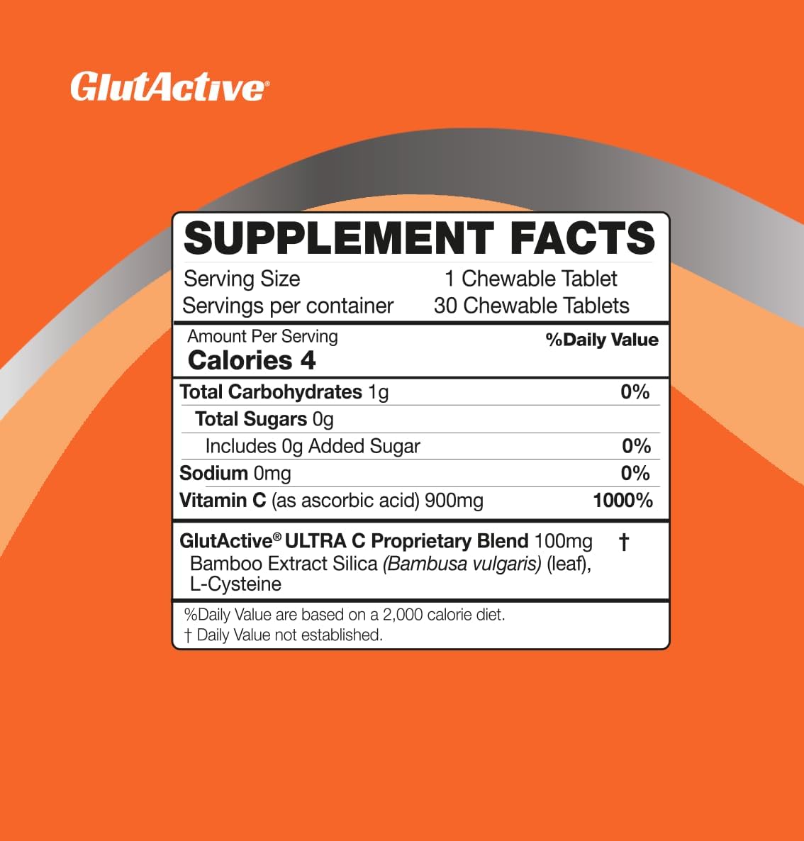 High Absorption GlutActive Ultra Vitamin C 1,000mg Chewable Tablets for Immune Support & Collagen Building with Cysteine & Bamboo Silica - 60 Count