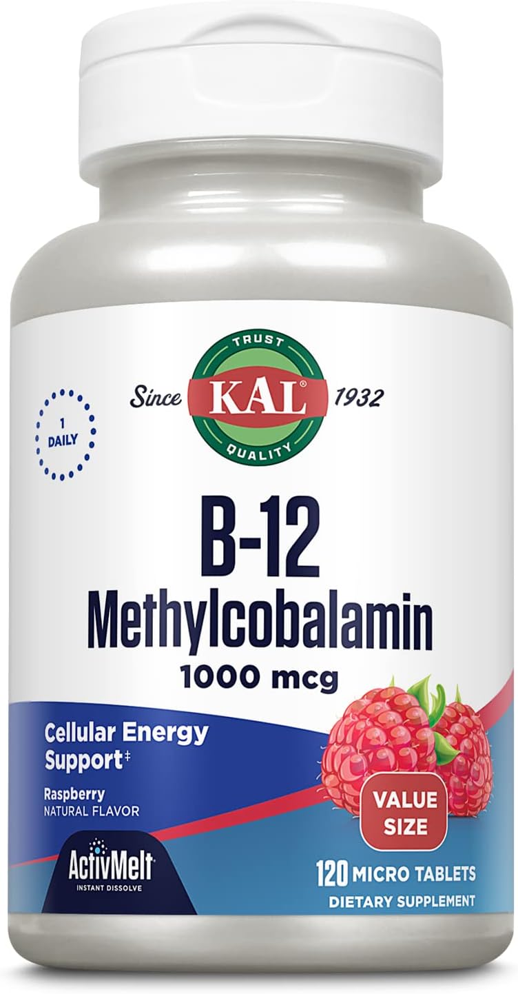 High Absorption KAL Vitamin B12 Methylcobalamin 1000mcg ActivMelt, Raspberry Flavor, Vegetarian, Metabolism & Energy Support, 120 Micro Tabs