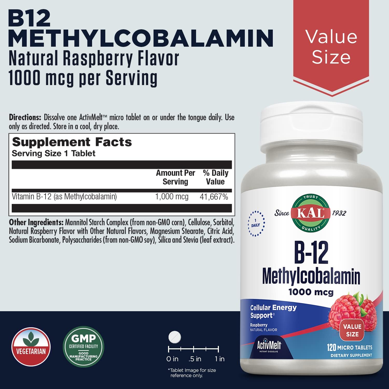 High Absorption KAL Vitamin B12 Methylcobalamin 1000mcg ActivMelt, Raspberry Flavor, Vegetarian, Metabolism & Energy Support, 120 Micro Tabs