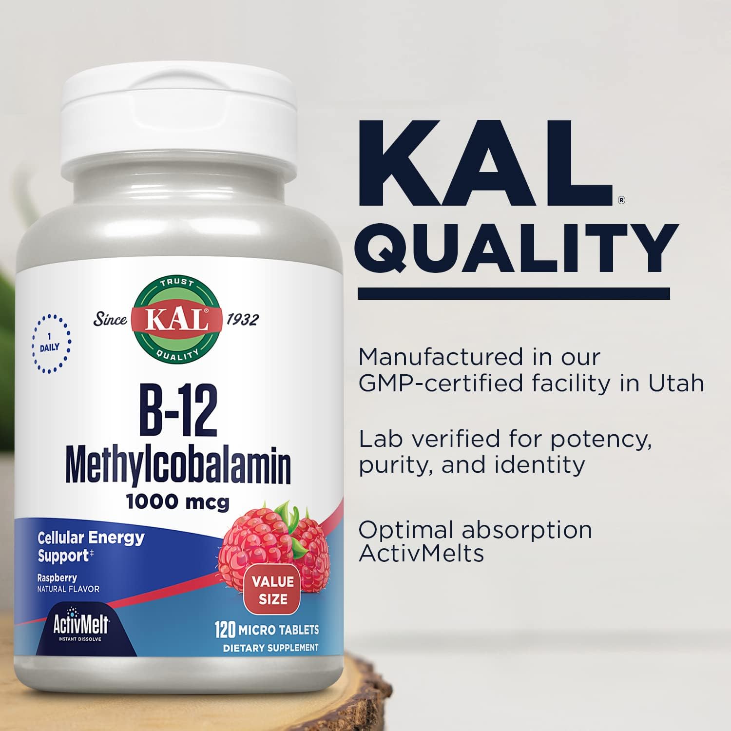 High Absorption KAL Vitamin B12 Methylcobalamin 1000mcg ActivMelt, Raspberry Flavor, Vegetarian, Metabolism & Energy Support, 120 Micro Tabs