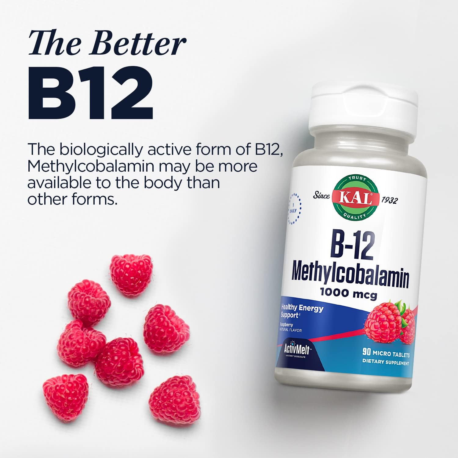 High Absorption KAL Vitamin B12 Methylcobalamin 1000mcg ActivMelt, Raspberry Flavor, Vegetarian, Metabolism & Energy Support, 120 Micro Tabs