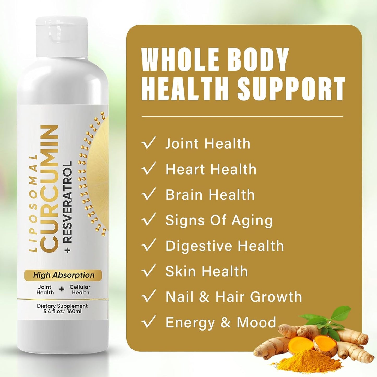 High Absorption Liposomal Turmeric Curcumin Supplement with Ginger for Joint Comfort & Cellular Health Support