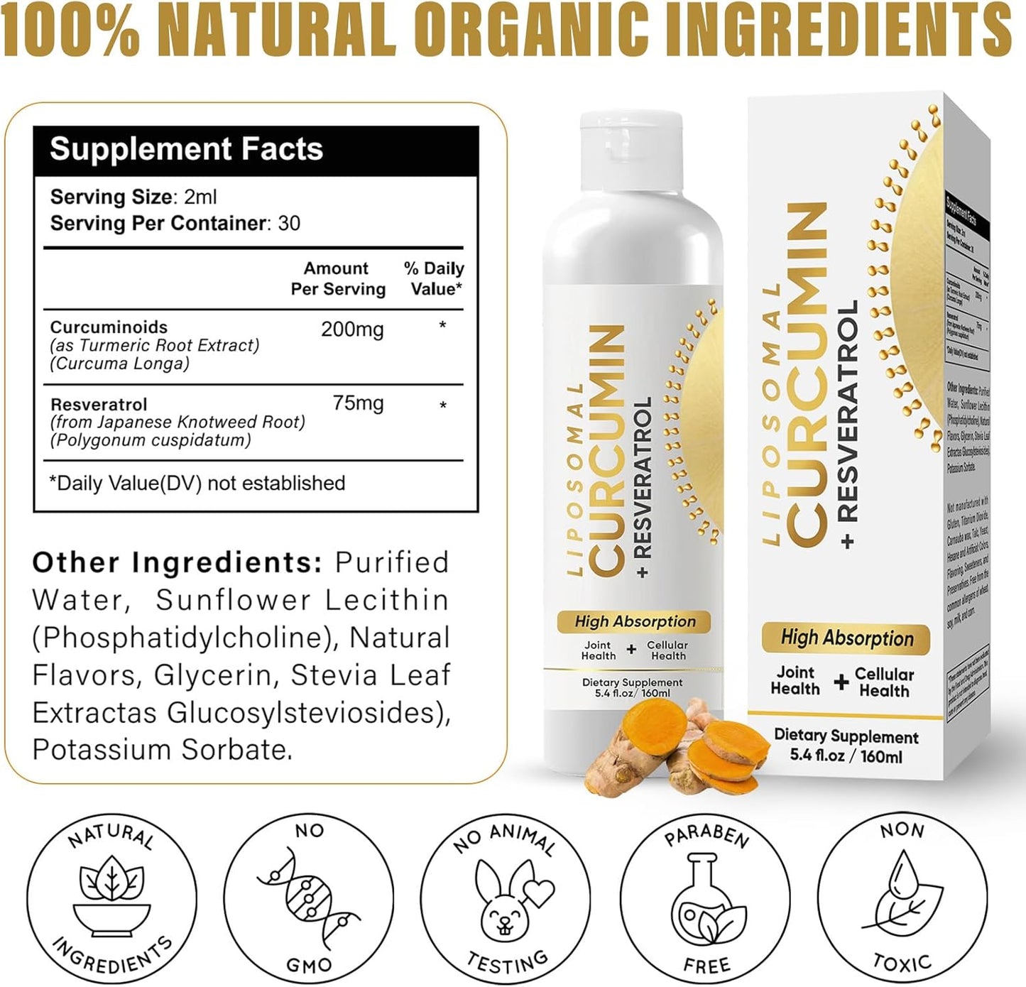 High Absorption Liposomal Turmeric Curcumin Supplement with Ginger for Joint Comfort & Cellular Health Support