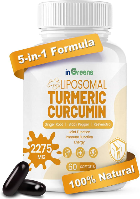 High Absorption Liposomal Turmeric Supplement with Organic Ginger, Black Pepper & Resveratrol - 2275mg Turmeric Curcumin for Joint Support - 60 Softgels