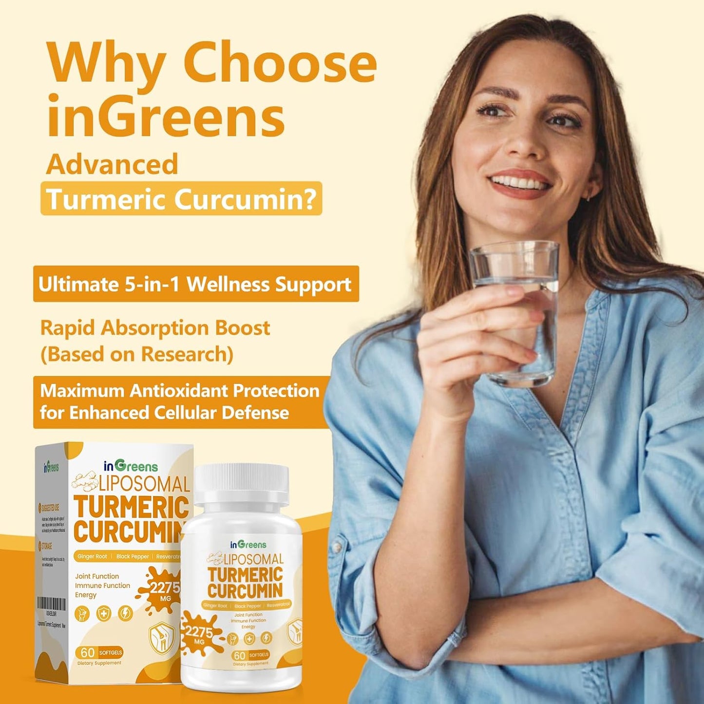 High Absorption Liposomal Turmeric Supplement with Organic Ginger, Black Pepper & Resveratrol - 2275mg Turmeric Curcumin for Joint Support - 60 Softgels