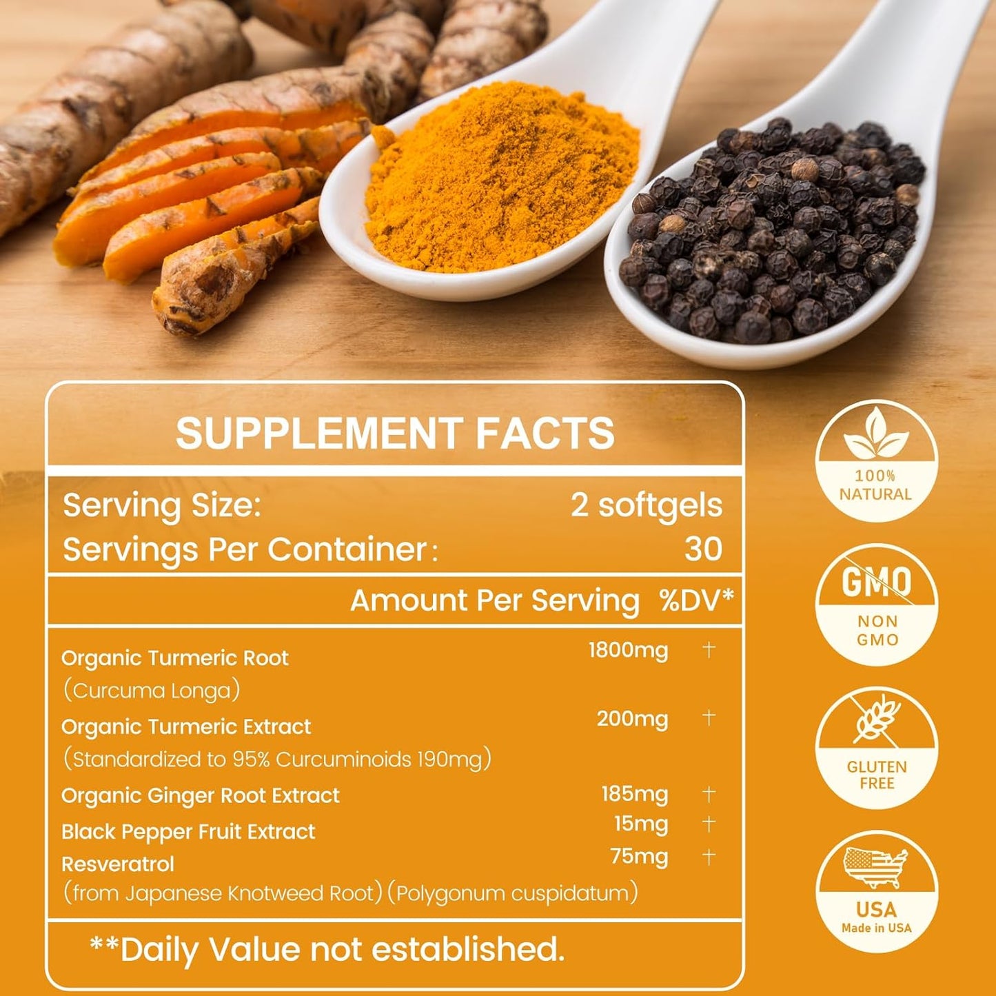 High Absorption Liposomal Turmeric Supplement with Organic Ginger, Black Pepper & Resveratrol - 2275mg Turmeric Curcumin for Joint Support - 60 Softgels