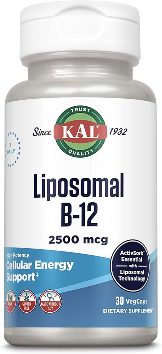 High Absorption Liposomal Vitamin B12 2500 mcg Vegan Capsules for Cellular Energy Support - Gluten & Soy Free - 30 Servings
