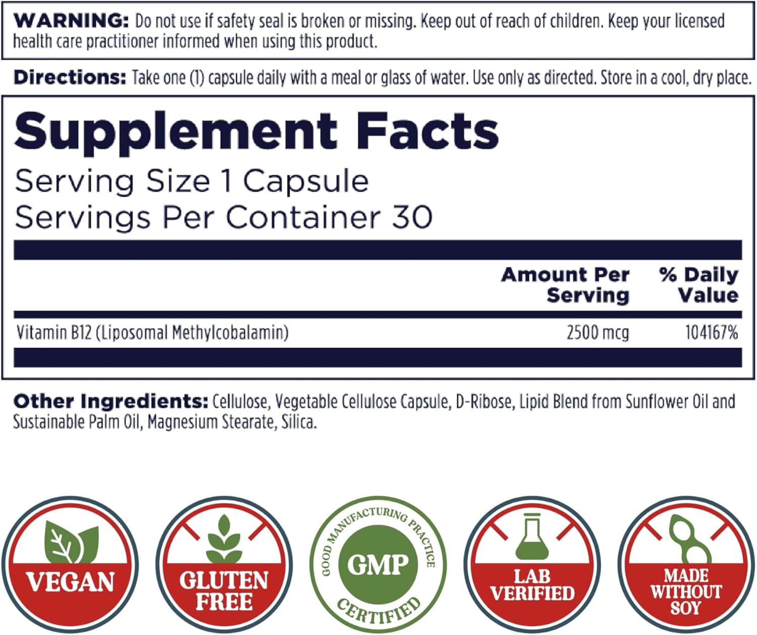 High Absorption Liposomal Vitamin B12 2500 mcg Vegan Capsules for Cellular Energy Support - Gluten & Soy Free - 30 Servings