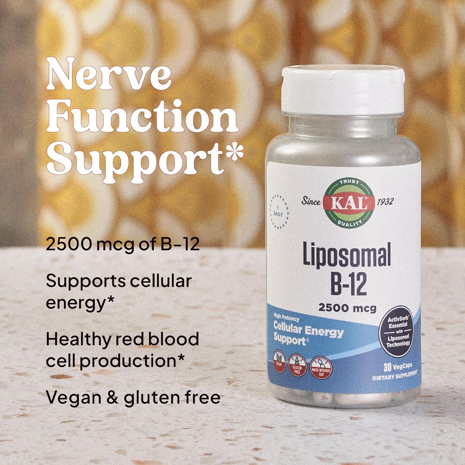 High Absorption Liposomal Vitamin B12 2500 mcg Vegan Capsules for Cellular Energy Support - Gluten & Soy Free - 30 Servings