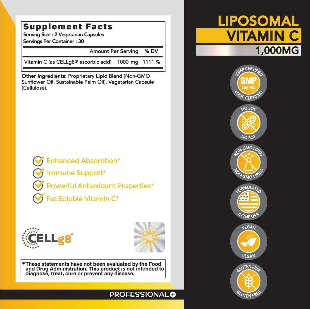 High Absorption Liposomal Vitamin C 1,000mg Supplement for Immune Support and Collagen Boost - Vegan, Gluten Free, 60 Capsules - Made in USA