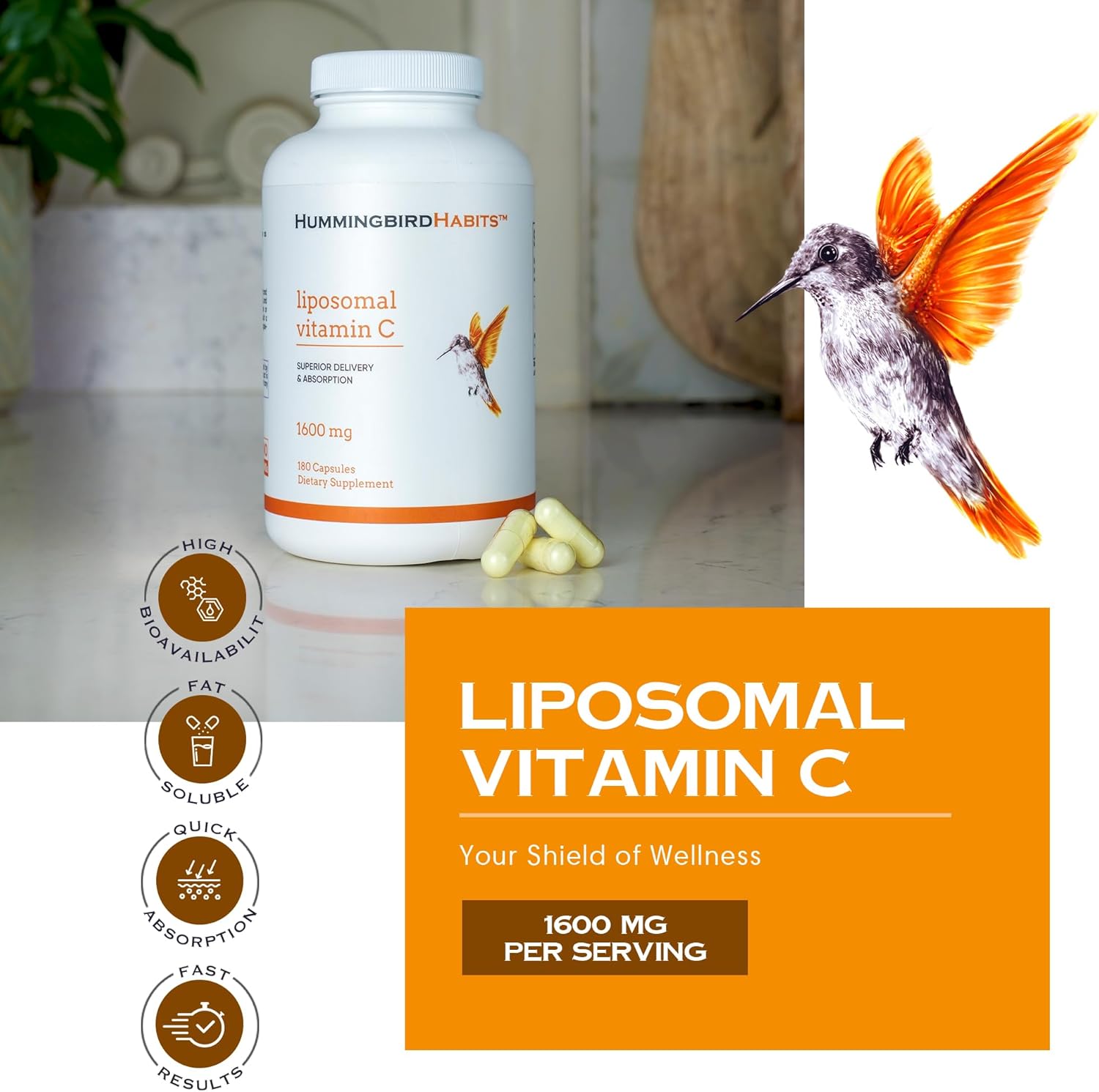 High Absorption Liposomal Vitamin C 1600mg for Immune Support, Antioxidant Supplement for Collagen Synthesis, Joint Health & Skin - 180 Vegan Capsules