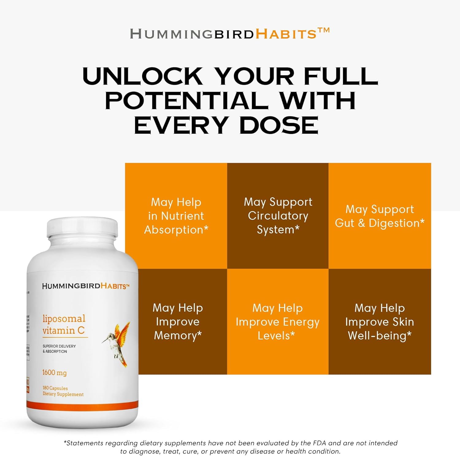 High Absorption Liposomal Vitamin C 1600mg for Immune Support, Antioxidant Supplement for Collagen Synthesis, Joint Health & Skin - 180 Vegan Capsules