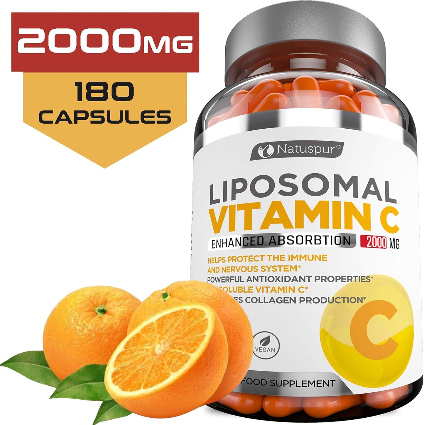High Absorption Liposomal Vitamin C 2000mg - 180 Capsules - Premium Immune Support & Collagen Booster - Antioxidant Rich Formula - Fat-Soluble Supplement