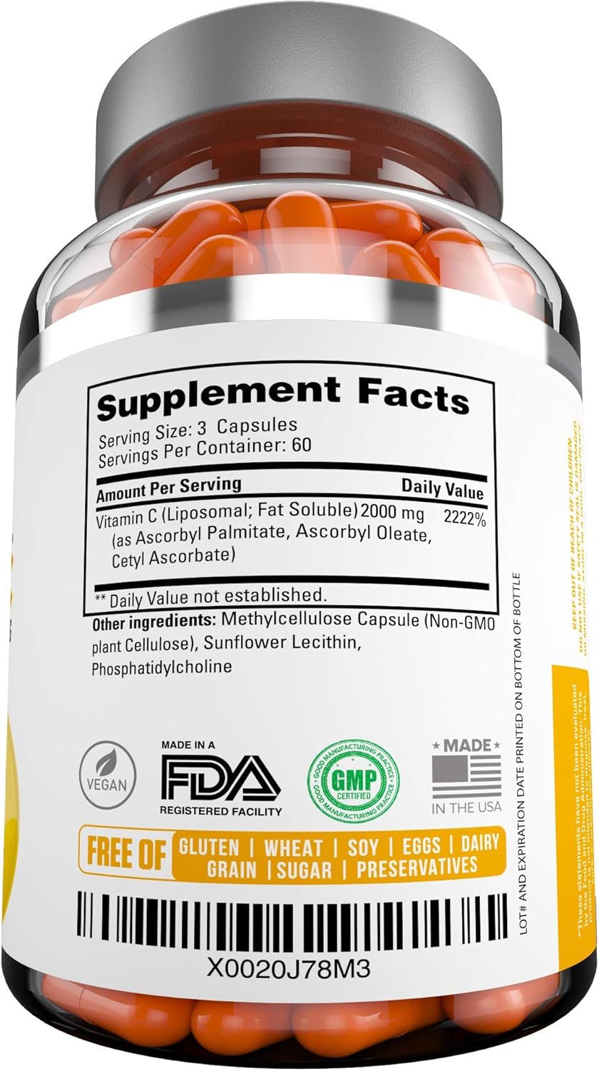High Absorption Liposomal Vitamin C 2000mg - 180 Capsules - Premium Immune Support & Collagen Booster - Antioxidant Rich Formula - Fat-Soluble Supplement