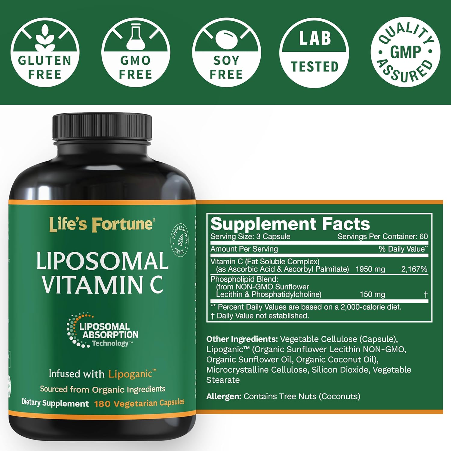 High Absorption Liposomal Vitamin C 2100mg Capsules - Immune System Support & Antioxidant Formula - Collagen Booster - 180 Count