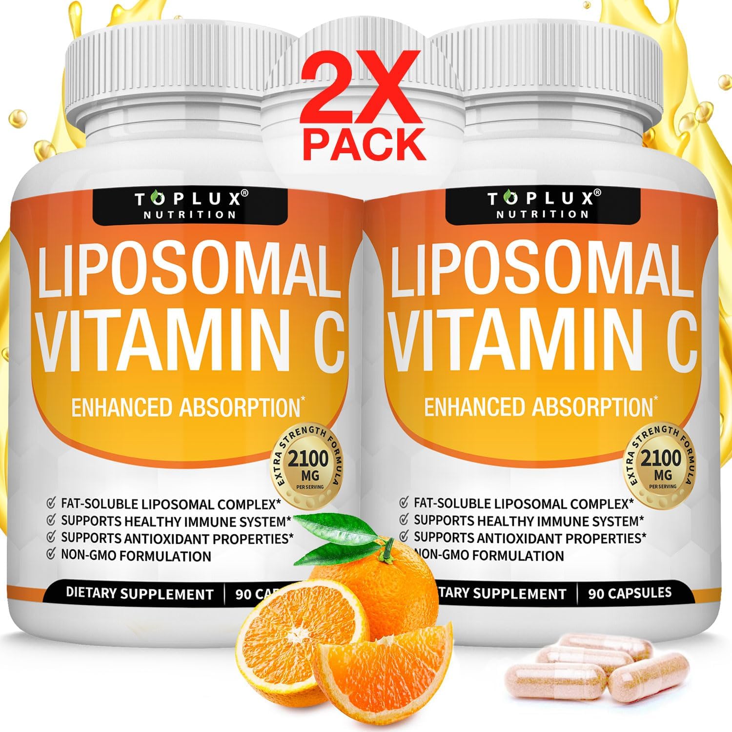 High Absorption Liposomal Vitamin C 2100mg for Immune Support & Collagen Booster - Powerful Antioxidant with MCT Oil & Sunflower Lecithin - Vegan Non-GMO Formula