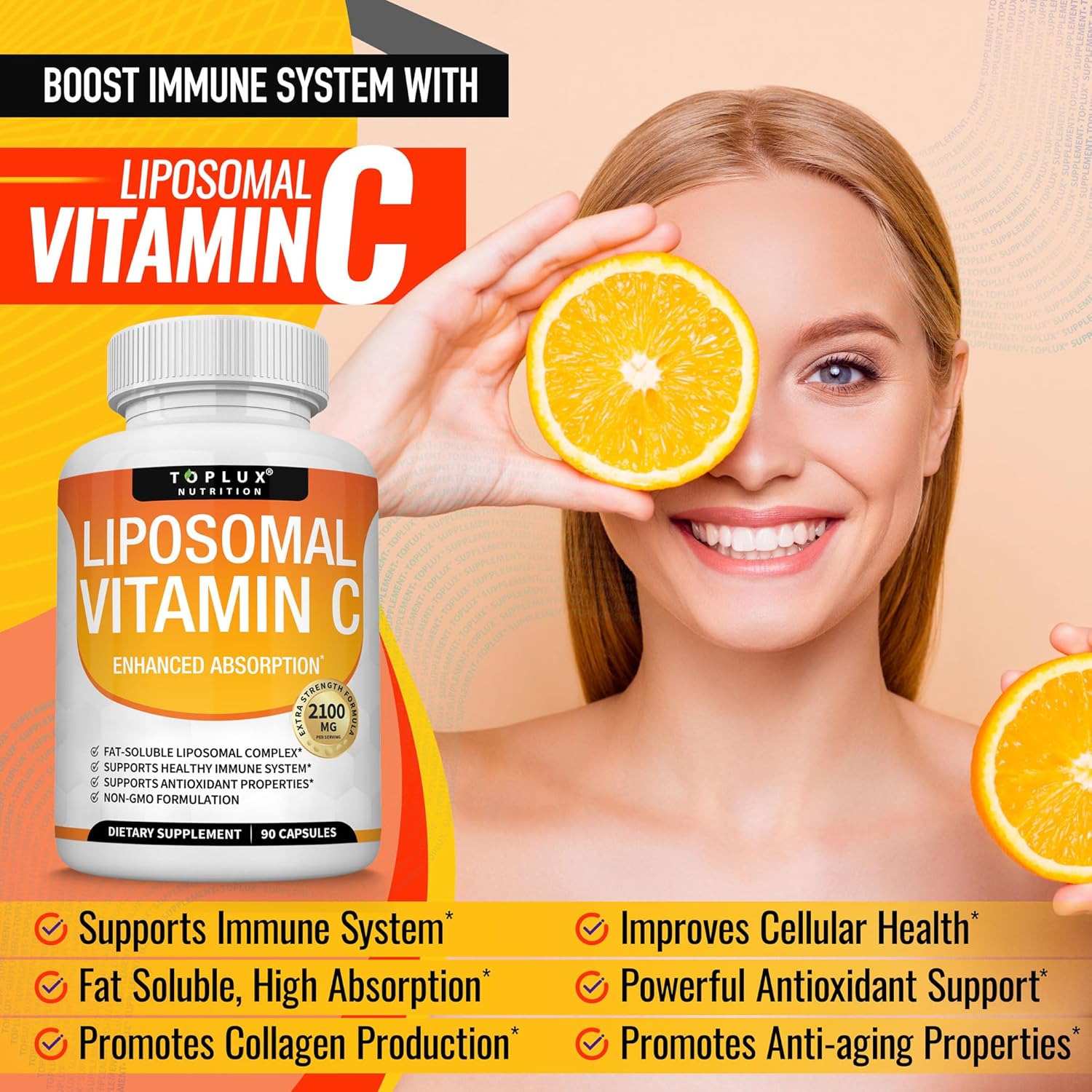 High Absorption Liposomal Vitamin C 2100mg for Immune Support & Collagen Booster - Powerful Antioxidant with MCT Oil & Sunflower Lecithin - Vegan Non-GMO Formula