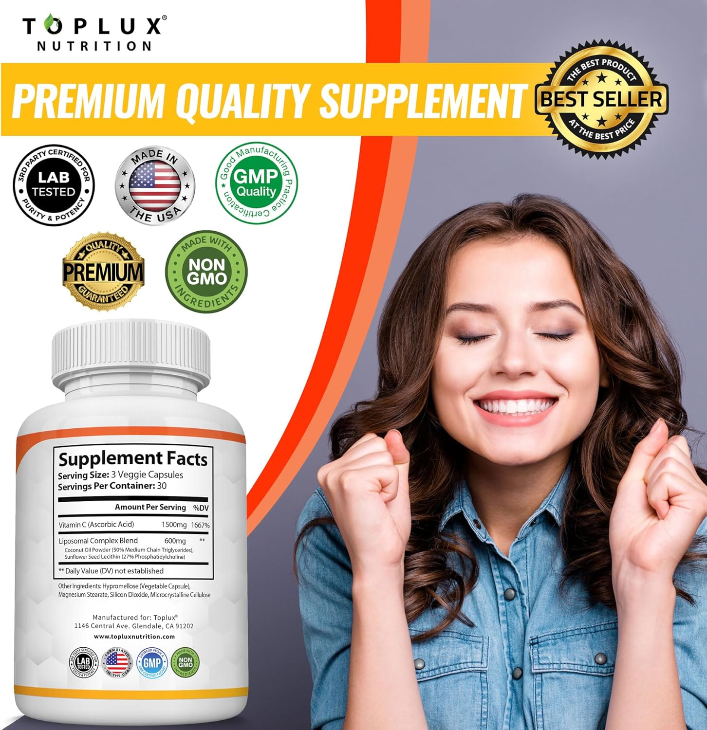 High Absorption Liposomal Vitamin C 2100mg for Immune Support & Collagen Booster - Powerful Antioxidant with MCT Oil & Sunflower Lecithin - Vegan Non-GMO Formula