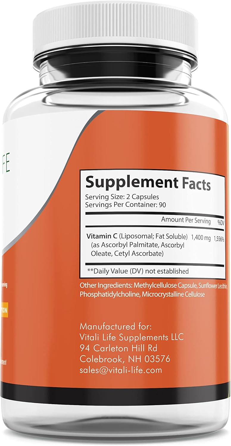 High Absorption Liposomal Vitamin C Capsules - 1400mg, 180 Count - Immune Support & Skin Health Booster
