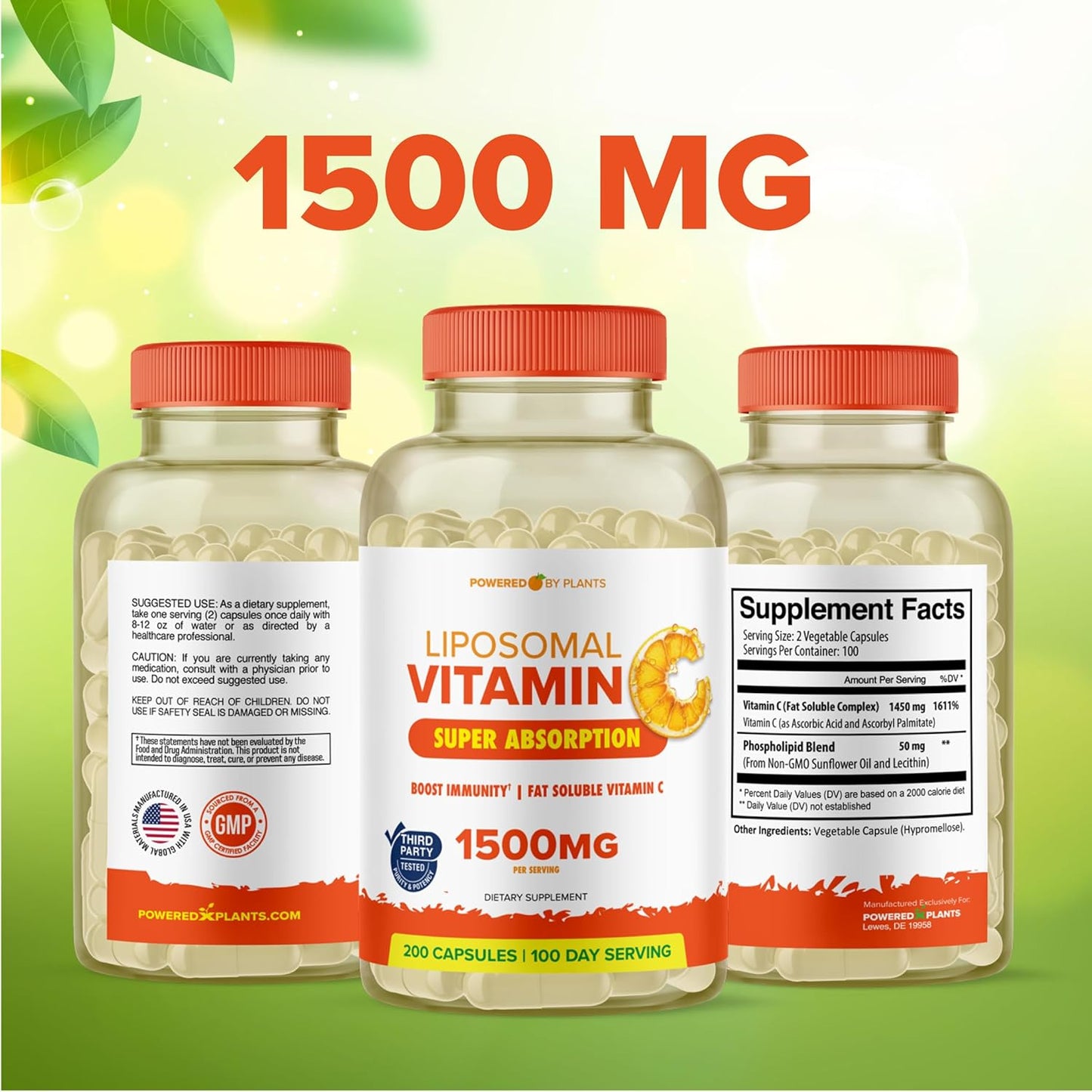 High Absorption Liposomal Vitamin C Capsules 1500mg - Immune System & Collagen Booster - 200 Capsules - Vegan Formula