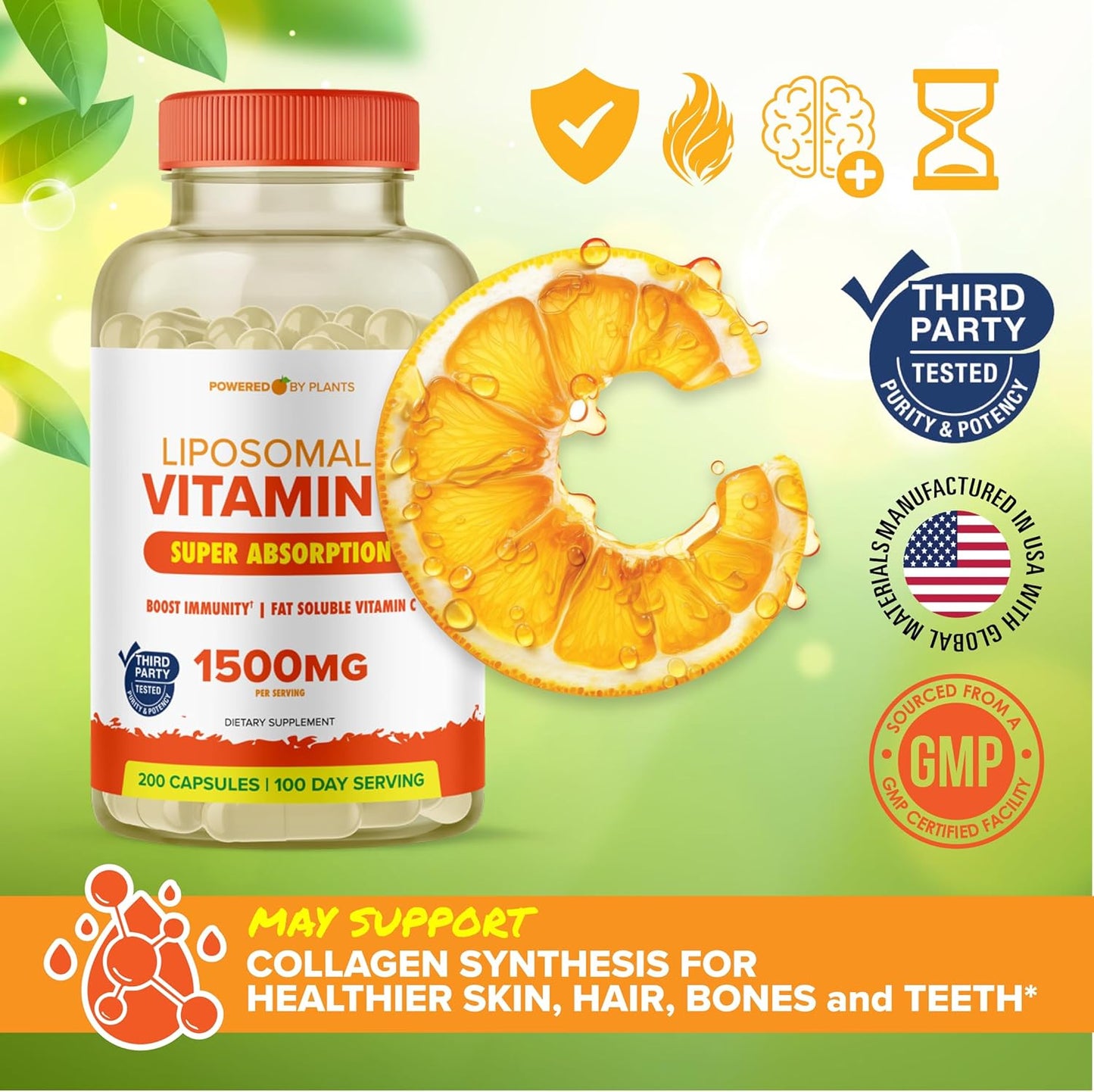 High Absorption Liposomal Vitamin C Capsules 1500mg - Immune System & Collagen Booster - 200 Capsules - Vegan Formula