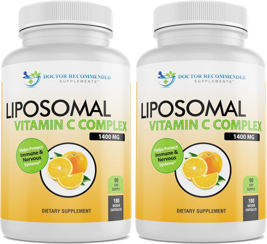 High Absorption Liposomal Vitamin C Complex Immune Support Supplement - 1400mg Per Serving with Antioxidants and Collagen Booster - Doctor Recommended (2 Pack of 180 Veggie Caps)