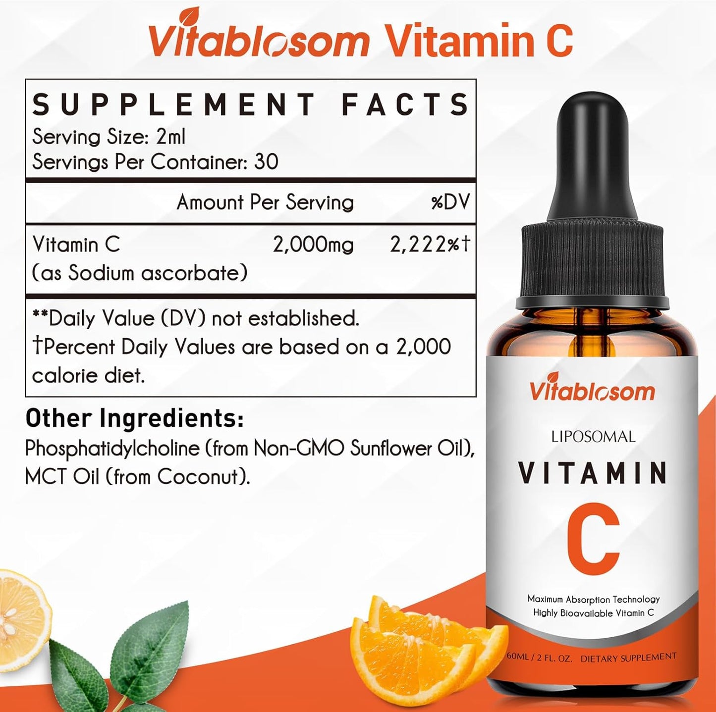 High Absorption Liposomal Vitamin C Liquid 2000mg for Adults - Immune System Boost & Antioxidant Support - 60ML (10 Bottles)