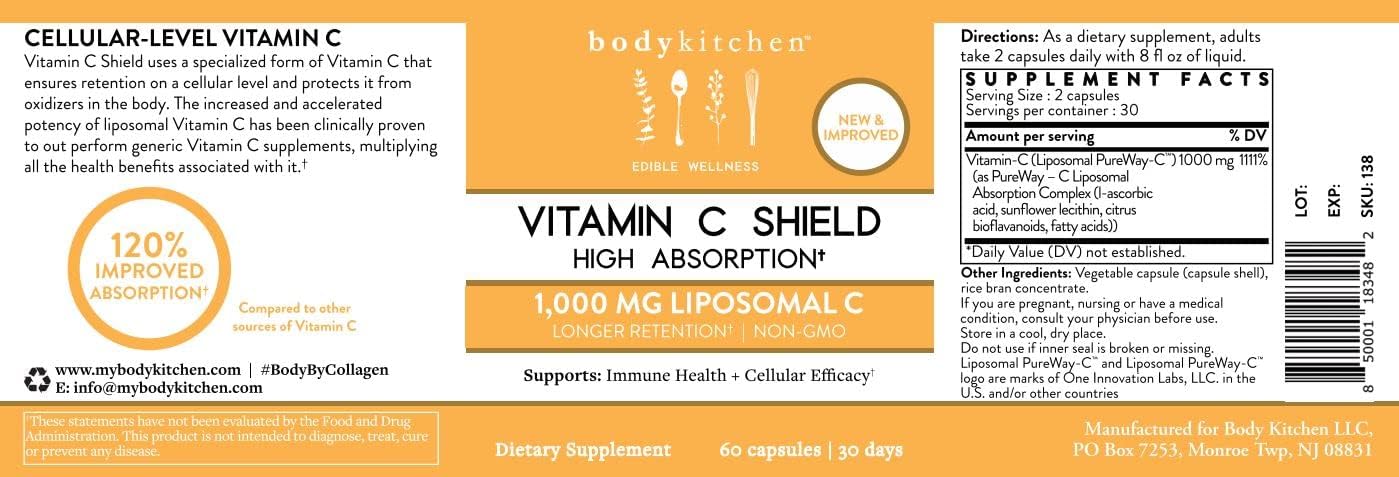 High Absorption Liposomal Vitamin C Shield with 1000mg PureWay-C for Immune Health - 60 Veggie Caps