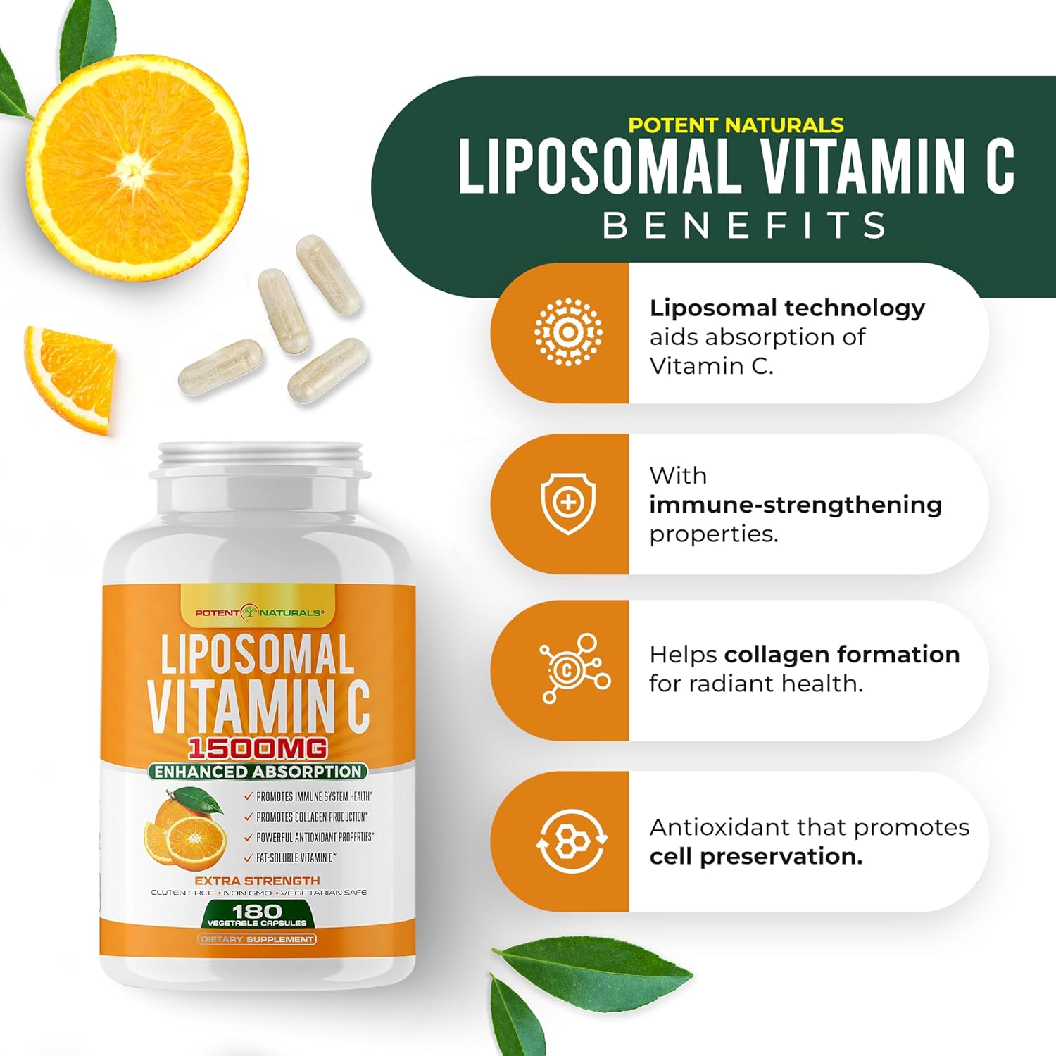 High Absorption Liposomal Vitamin C Supplement - 1500mg Ascorbic Acid Capsules for Immune Support & Collagen Production - 180 Count