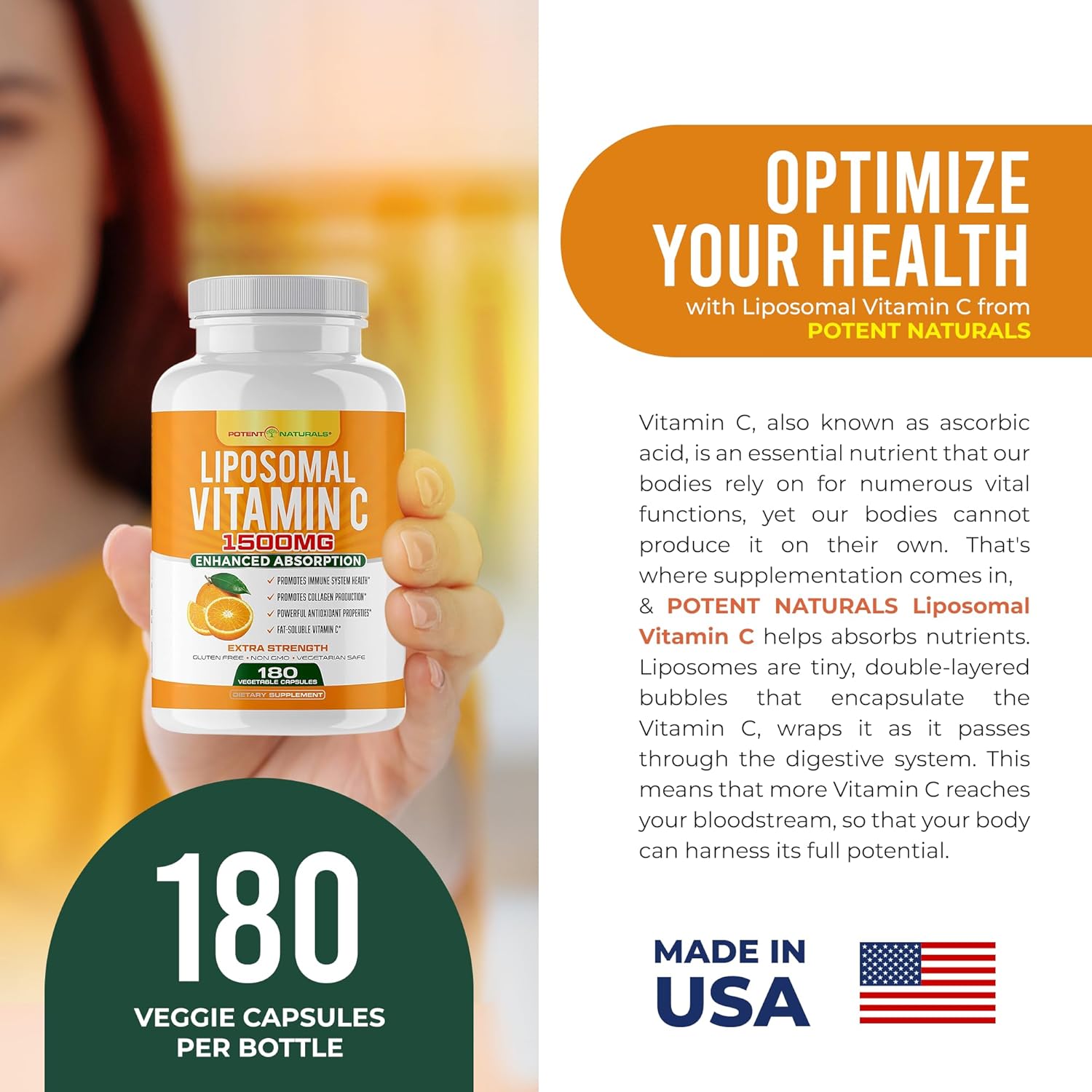 High Absorption Liposomal Vitamin C Supplement - 1500mg Ascorbic Acid Capsules for Immune Support & Collagen Production - 180 Count