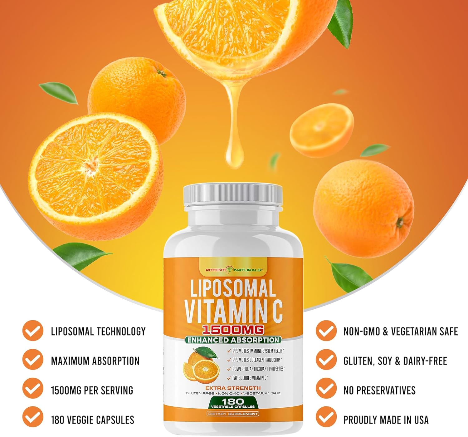 High Absorption Liposomal Vitamin C Supplement - 1500mg Ascorbic Acid Capsules for Immune Support & Collagen Production - 180 Count