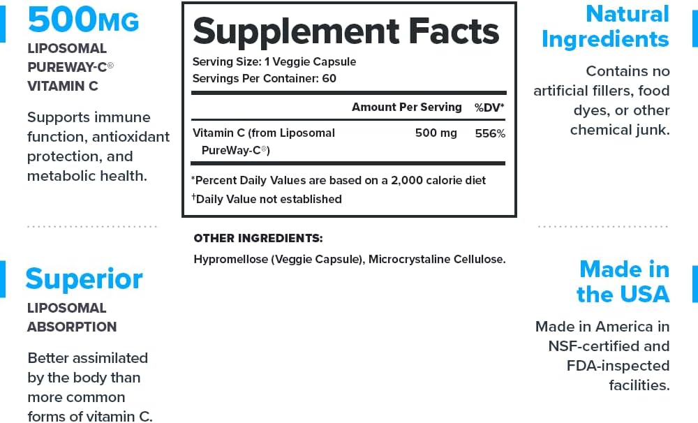 High Absorption Liposomal Vitamin C Supplement for Immune System Support - 60 Capsules for Women & Men