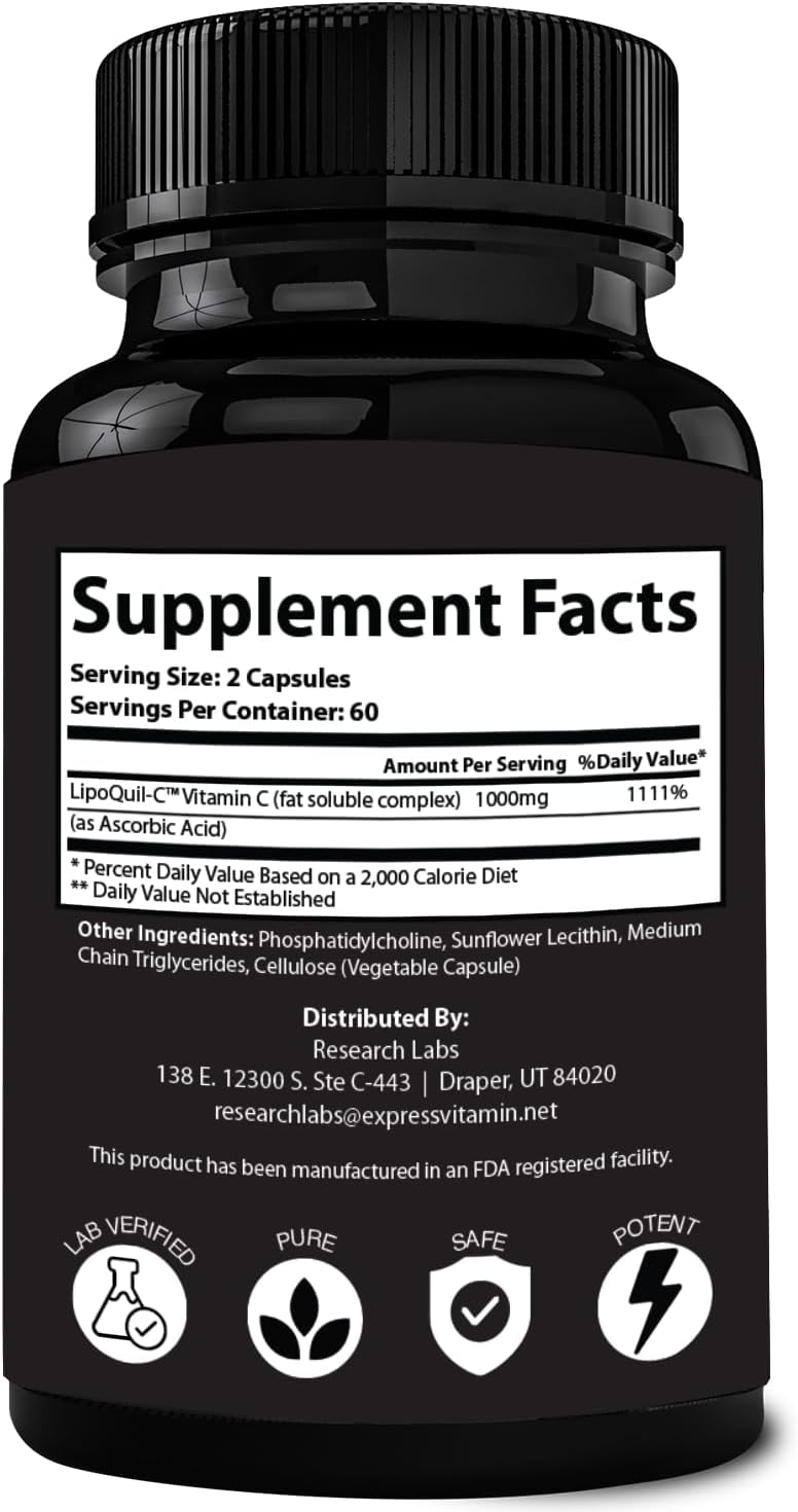 High Absorption Liposomal Vitamin C Supplement | LipoQuil-C™ 240 Capsules | Immune Support & Collagen Booster | 1000mg Buffered High Dose Vitamin C | Non GMO | Fat Soluble Formula