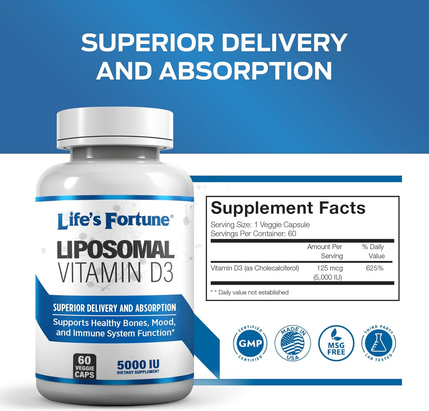 High Absorption Liposomal Vitamin D3 5000 IU Supplement for Healthy Bones, Mood, and Immune System - Non-GMO, 60 Veggie Caps