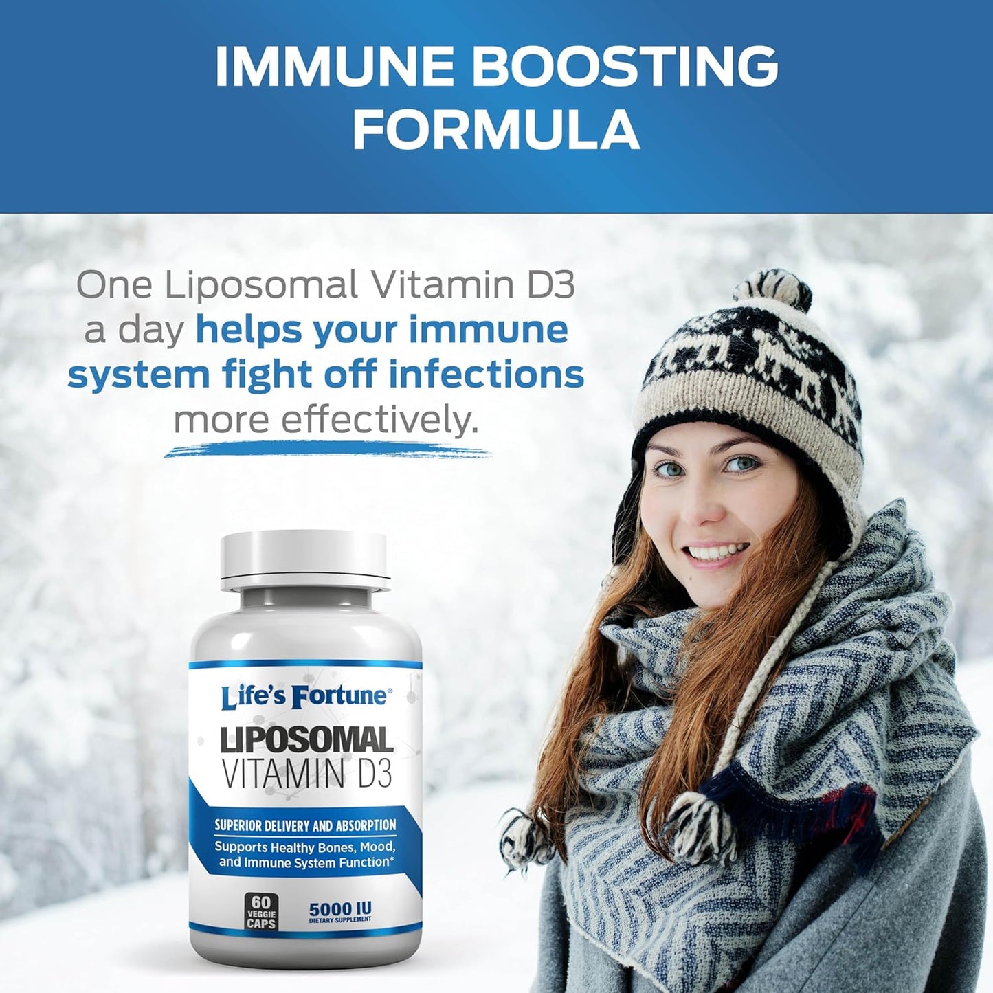High Absorption Liposomal Vitamin D3 5000 IU Supplement for Healthy Bones, Mood, and Immune System - Non-GMO, 60 Veggie Caps