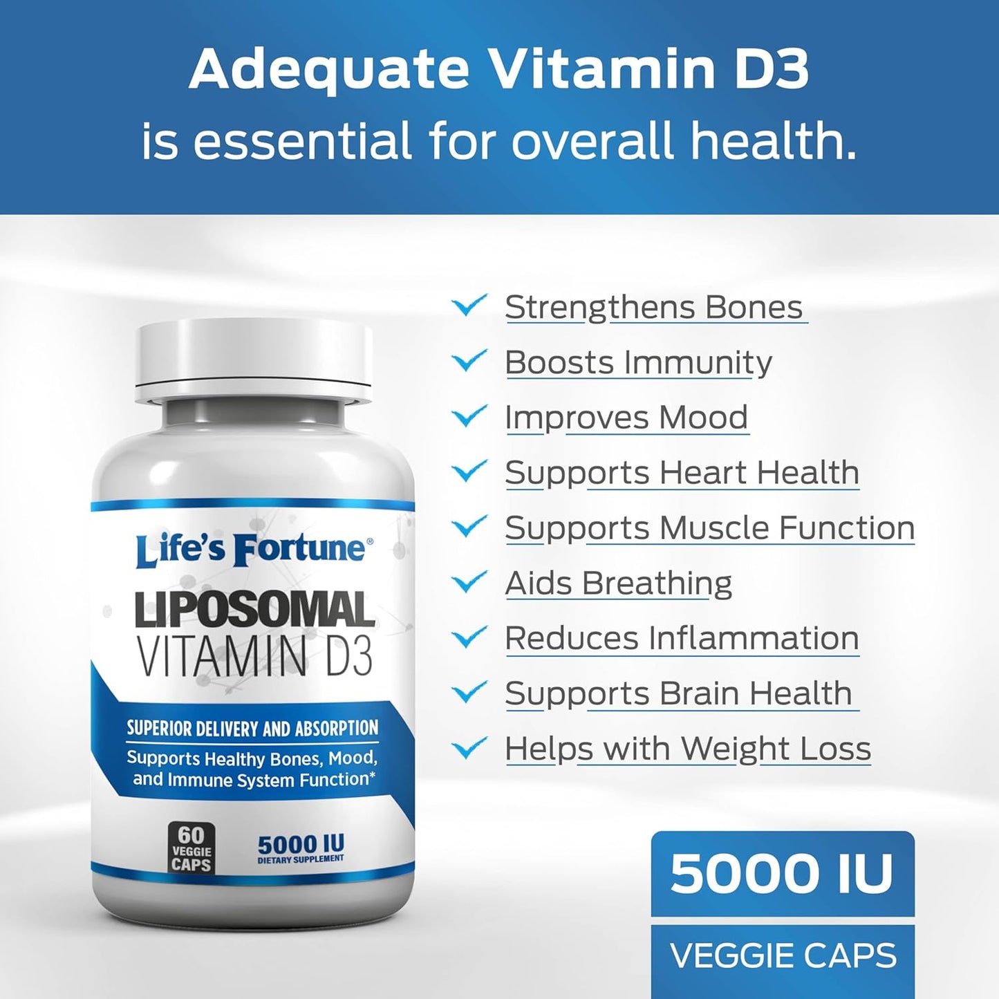 High Absorption Liposomal Vitamin D3 5000 IU Supplement for Healthy Bones, Mood, and Immune System - Non-GMO, 60 Veggie Caps