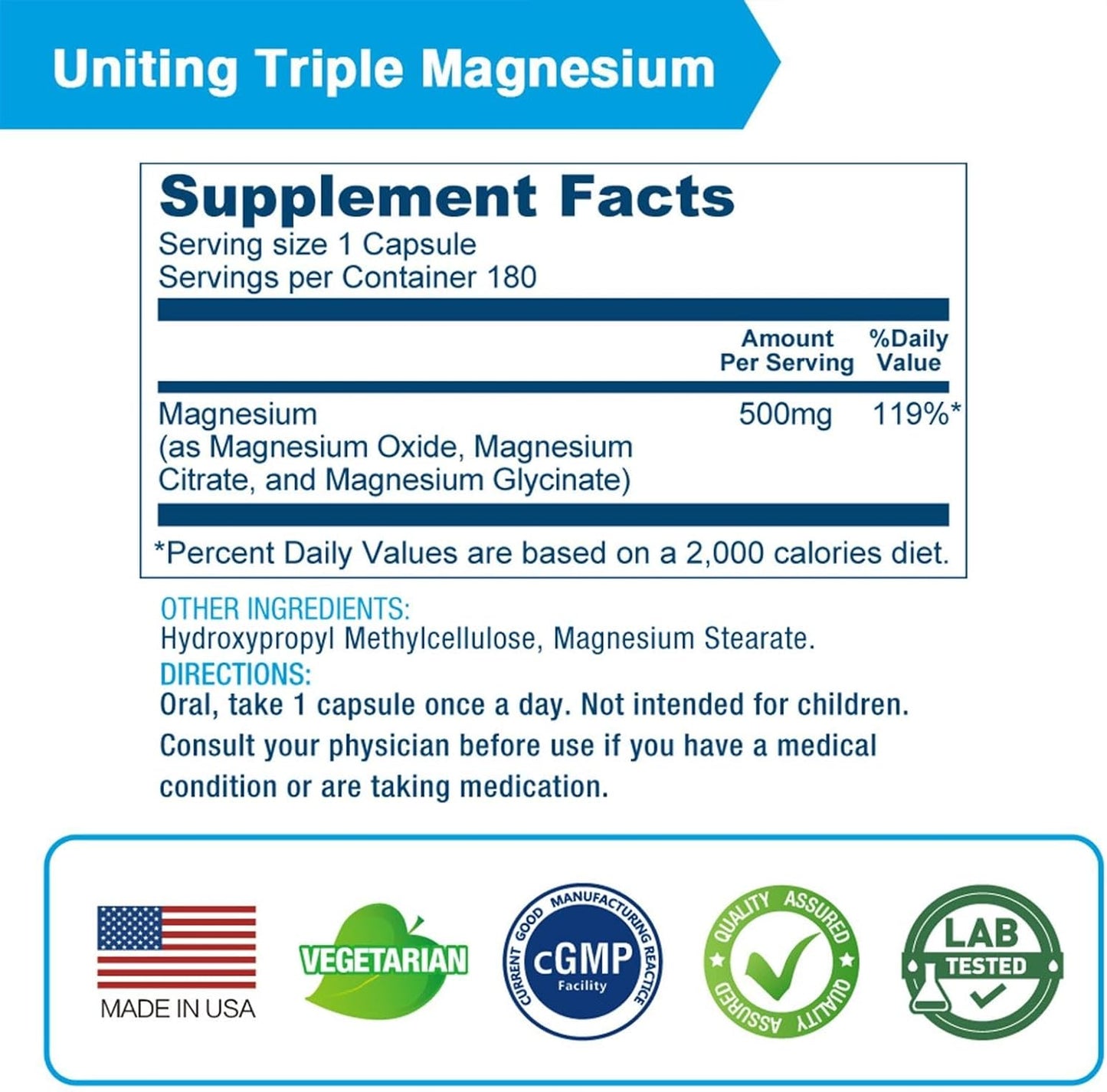 High Absorption Lovita Triple Magnesium Complex 500mg - Glycinate, Citrate, Oxide - Supports Sleep, Relaxation, Heart, Nerves & Bones - 180 Vegan Capsules