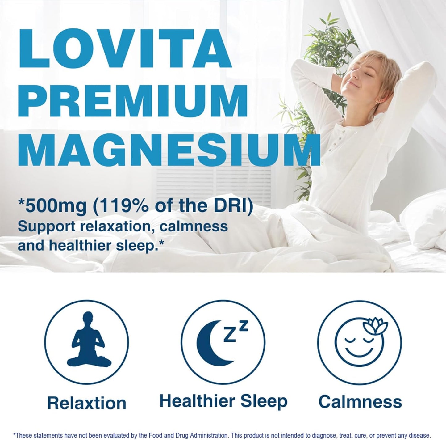 High Absorption Lovita Triple Magnesium Complex 500mg - Glycinate, Citrate, Oxide - Supports Sleep, Relaxation, Heart, Nerves & Bones - 180 Vegan Capsules