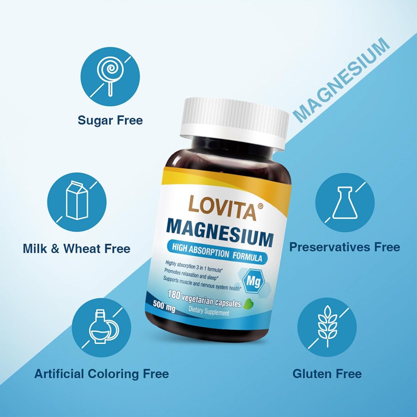 High Absorption Lovita Triple Magnesium Complex 500mg - Glycinate, Citrate, Oxide - Supports Sleep, Relaxation, Heart, Nerves & Bones - 180 Vegan Capsules