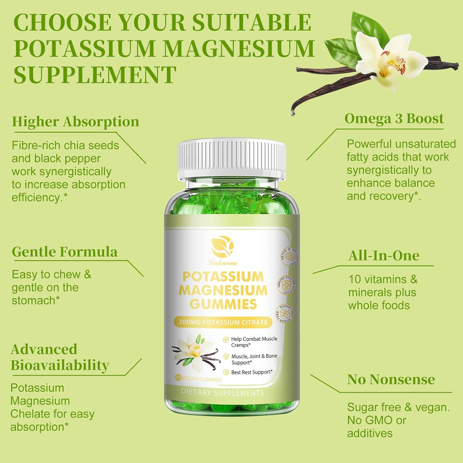 High Absorption Lukaree Potassium Magnesium Gummies with Omega 3, B6, D3, K2 & Calcium - Chewable Gummy for Leg Cramps, Immunity & Energy - 60 Count