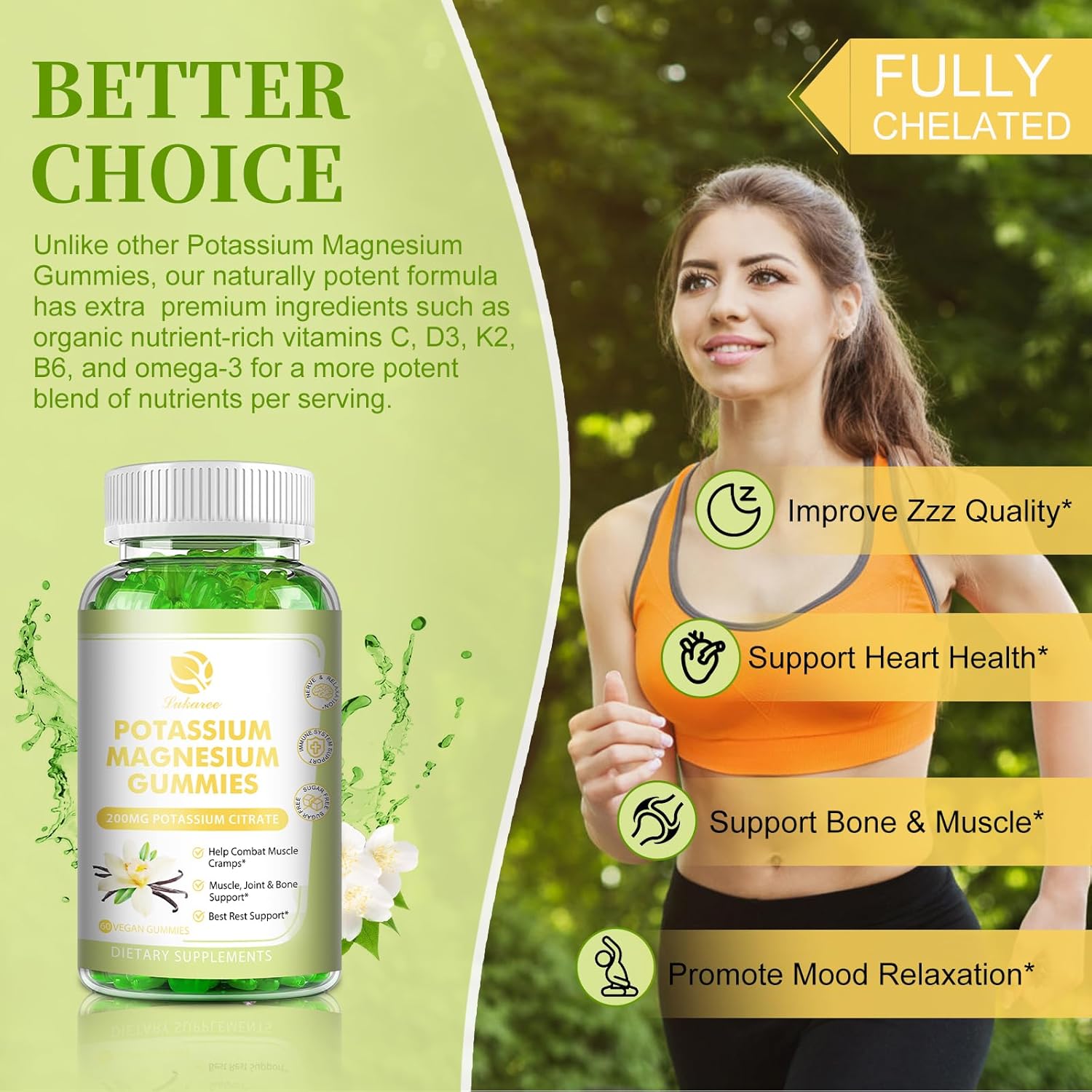 High Absorption Lukaree Potassium Magnesium Gummies with Omega 3, B6, D3, K2 & Calcium - Chewable Gummy for Leg Cramps, Immunity & Energy - 60 Count