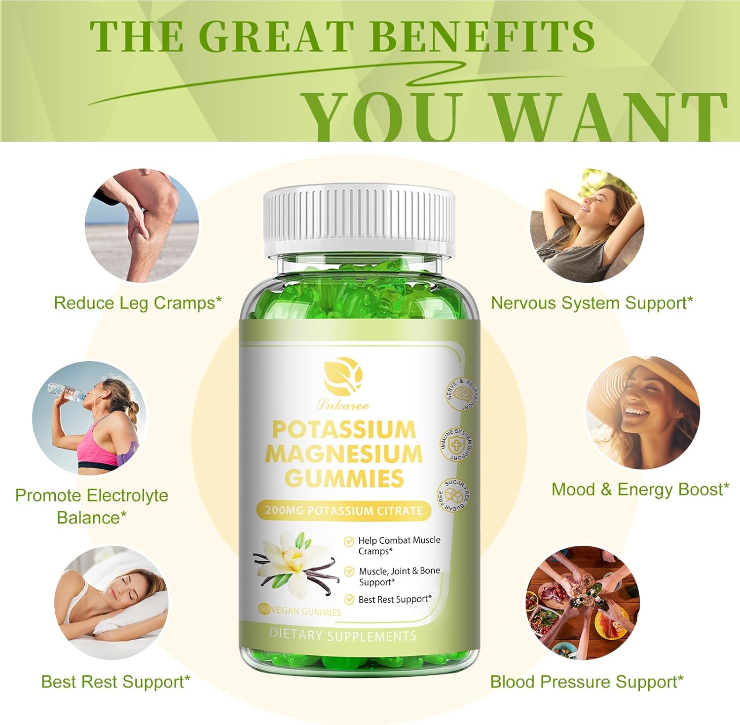 High Absorption Lukaree Potassium Magnesium Gummies with Omega 3, B6, D3, K2 & Calcium - Chewable Gummy for Leg Cramps, Immunity & Energy - 60 Count