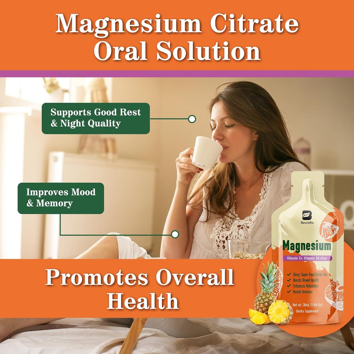 High Absorption Magnesium Citrate Liquid Supplement with Bromelain, Vitamin C, D3, B6, Zinc for Constipation, Sleep, Energy - Pineapple Flavor - 10 Fl Oz